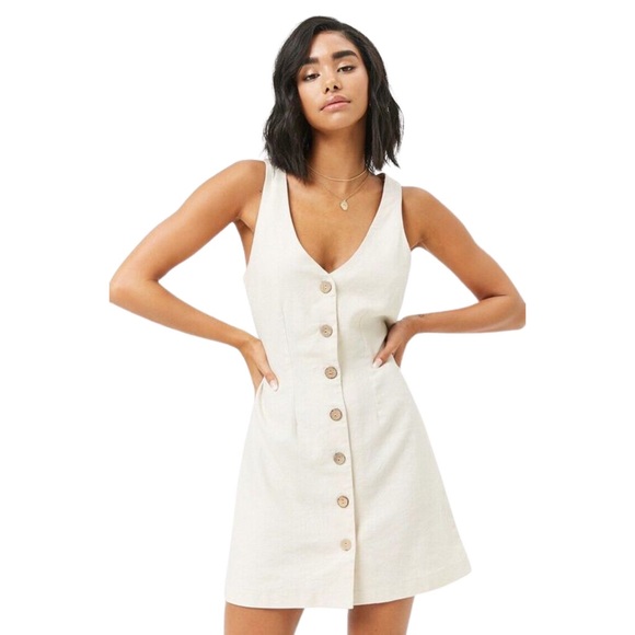 Forever 21 Dresses & Skirts - Forever 21 Boho Flax Linen Button Front Cream Natural Sleeveless Mini Dress